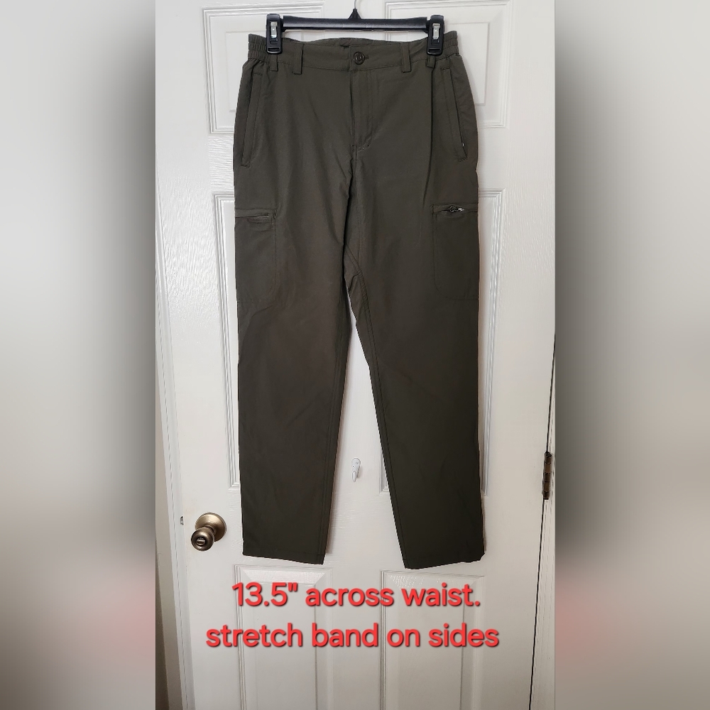 Olive colored walking hiking pants with stretch band